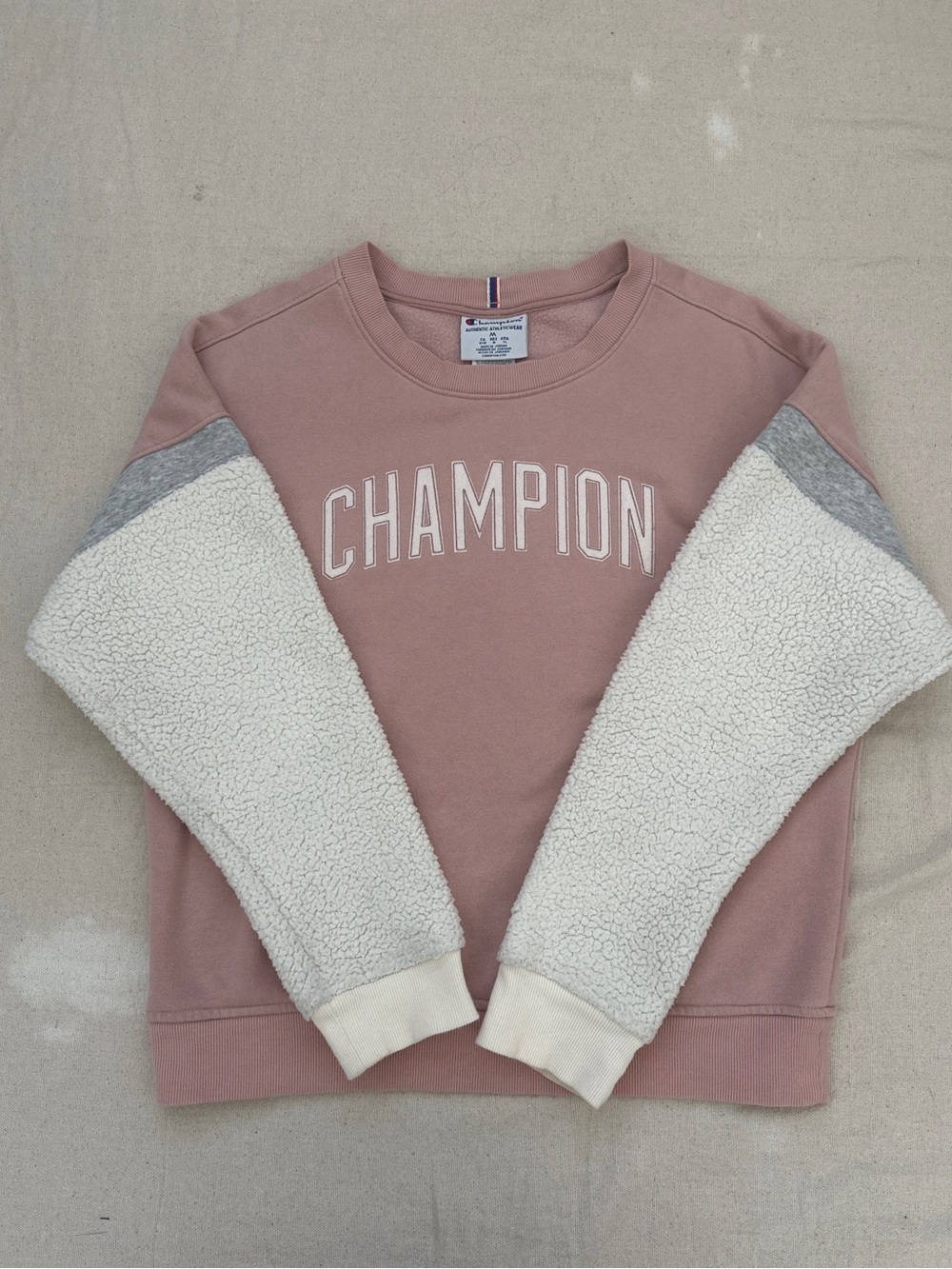 Champion Heritage Sherpa Sleeve Block Logo Crewneck Sweatshirt Pink Medium